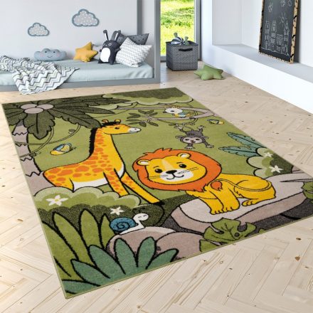 Zöld 3D hatású szőnyeg gyerekszobába színes dzsungel állatok gyerekszőnyeg 160x220 cm