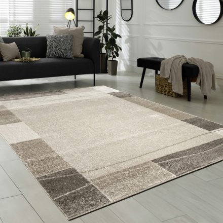 Modern nagyméretű szőnyeg nappaliba bordűrös geometria mintával bézs-barna 240x340 cm