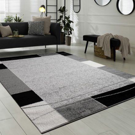 Modern szőnyeg nappaliba bordűrös geometria mintával - szürke 120x170 cm