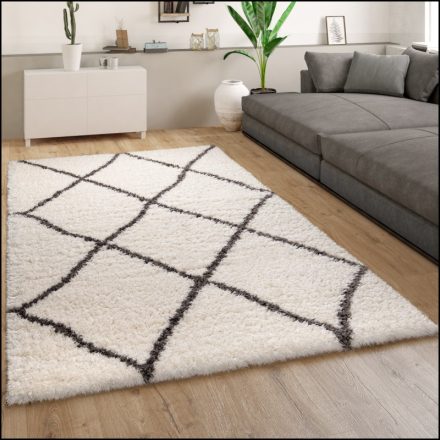 Shaggy szőnyeg bolyhos modern rombusz mintás skandináv szőnyeg - krém 80x150 cm
