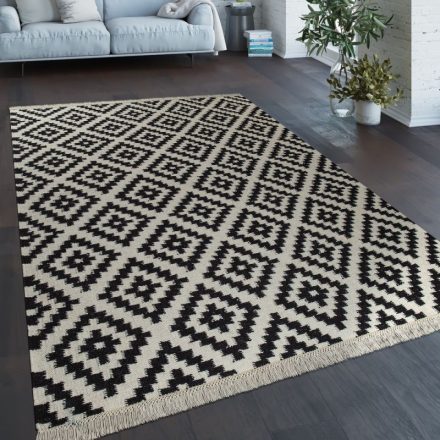 Kézzel szőtt rojtos gyapjú szőnyeg marokkói fekete-fehér 60x110 cm