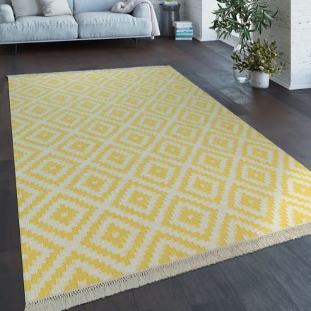 Kézzel szőtt rojtos gyapjú szőnyeg marokkói sárga-fehér 60x110 cm