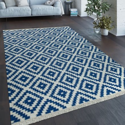 Kézzel szőtt rojtos gyapjú szőnyeg marokkói kék-fehér 60x110 cm