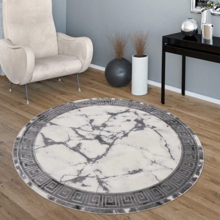 3D hatású designer szőnyeg bordűrös márvány mintás szürke-ezüst 120 cm kör alakú