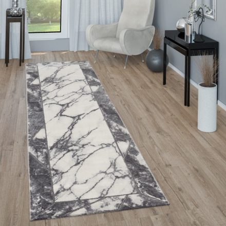 Bordűrös absztrakt márvány mintás designer szőnyeg szürke-ezüst 80x300 cm