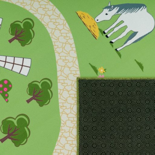 Gyerekszoba szőnyeg lányoknak - állatos, lovas, csúszásmentes, zöld, 80x150 cm