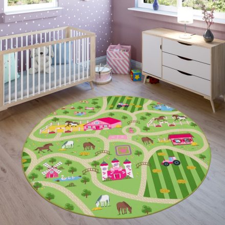 Gyerekszőnyeg játszószőnyeg utca motívum állatos szőnyeg - zöld 160 cm kör alakú