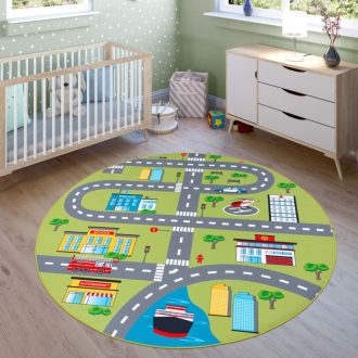   Kerek gyerekszoba szőnyeg - autópálya mintás, játszószőnyeg, csúszásmentes, zöld, 160 cm kör