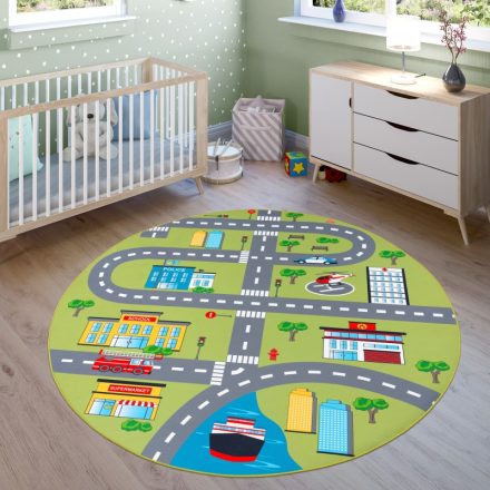 Zöld mintás játszószőnyeg gyerekszőnyeg fiúknak autópálya autóút 160 cm kör alakú