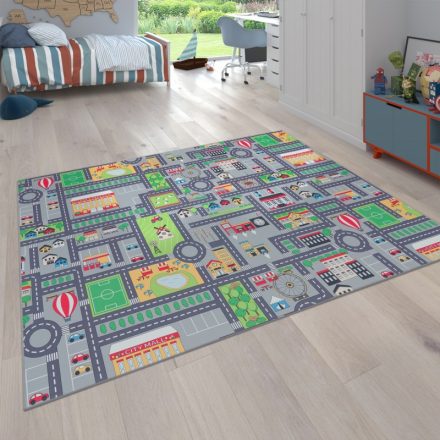Szürke szőnyeg fiúknak játszószőnyeg autóút mintával gyerek szőnyeg 200 cm négyzet alakú