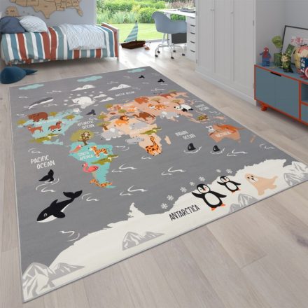 Csúszásmentes gyerekszőnyeg világ térkép állatos színes gyerekszoba szőnyeg 160x220 cm