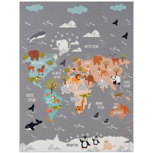 szines gyerekszoba szonyeg allatos vilag terkeppel 100x200 cm