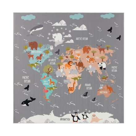 Csúszásmentes gyerekszőnyeg világ térkép állatos színes gyerekszoba szőnyeg 200 cm négyzet