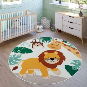   Kerek gyerekszoba szőnyeg - állatos, dzsungel, csúszásmentes, színes, 160 cm kör