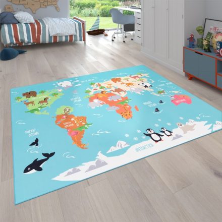 Szőnyeg fiúknak türkiz gyerekszőnyeg térkép 200x200 cm négyzet