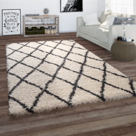 Shaggy szőnyeg extra hosszú szálú puha szőnyeg nappaliba krém rombusz 120x160 cm