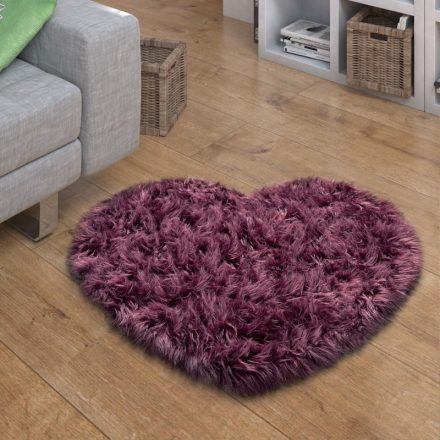 Lila puha szőrme hatású szőnyeg 80x75 cm szív alakú