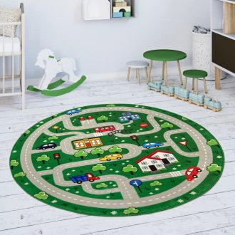   Kerek gyerekszoba szőnyeg kisfiúknak - autópálya mintás, csúszásmentes, zöld, 80 cm kör