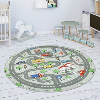   Kerek gyerekszoba szőnyeg kisfiúknak - autópálya mintás, csúszásmentes, szürke, 80 cm kör