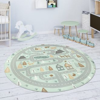   Kerek gyerekszoba szőnyeg kisfiúknak - erdei út, autópálya mintás, csúszásmentes, türkiz, 80 cm kör