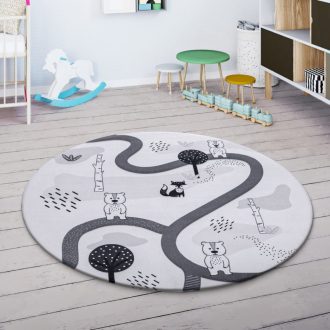   Kerek gyerekszoba szőnyeg kisfiúknak - erdei út, állatos, csúszásmentes, fehér, 80 cm kör