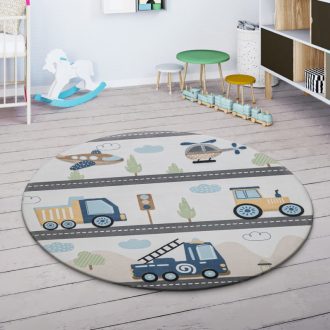   Kerek gyerekszoba szőnyeg kisfiúknak - autóút, járművek, csúszásmentes, krém, 80 cm kör
