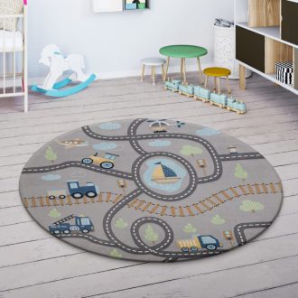   Kerek gyerekszoba szőnyeg kisfiúknak - autóút, útépítés, csúszásmentes, szürke, 80 cm kör