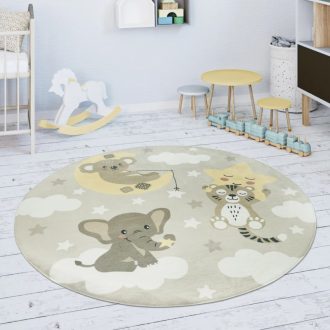   Kerek gyerekszoba szőnyeg babaszőnyeg - állatos, tigris, elefánt, csúszásmentes, bézs, 80 cm kör