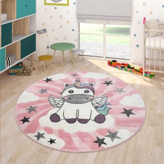 Kerek gyerekszoba szonyeg 3D hatasu rozsaszin egyszarvu 120 cm kor