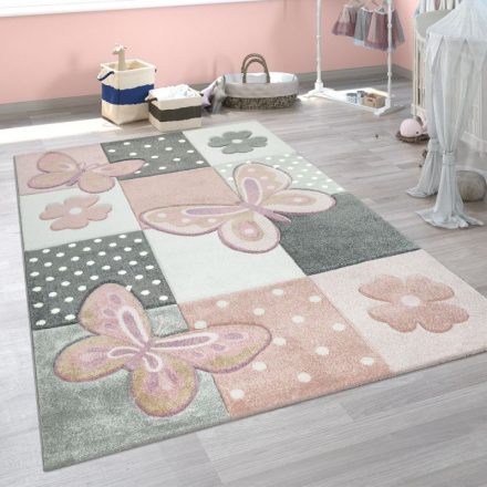 3D hatású puha gyerekszőnyeg játszószőnyeg pasztel - rózsaszín pillangó 133 cm négyzet