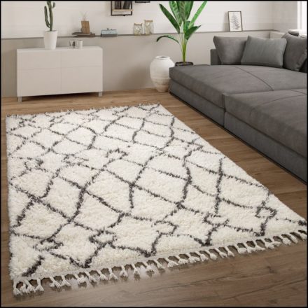 Shaggy szőnyeg nappaliba skandináv stílusú rojtos geometria mintás krém 60x100 cm
