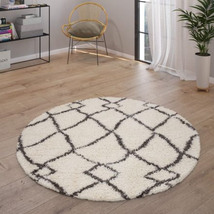 Shaggy szőnyeg nappaliba skandináv stílusú rojtos geometria mintás - krém 120 cm kör alakú
