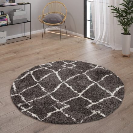 Shaggy szőnyeg nappaliba skandináv stílusú rojtos geometria mintás - antracit 120 cm kör alakú