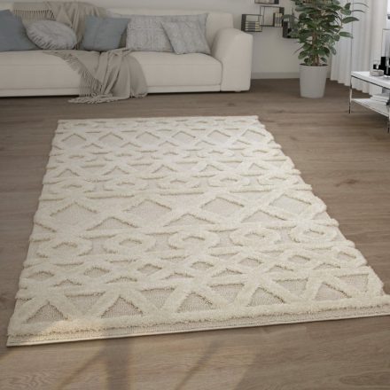 Krém shaggy szőnyeg nappaliba 3D hatású ethno mintával skandináv 200x280 cm