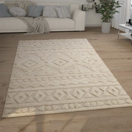 Krém shaggy szőnyeg nappaliba 3D hatású rombusz mintával skandináv 60x100 cm
