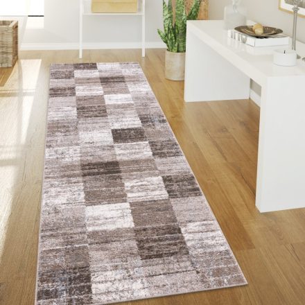 Modern szőnyeg nappaliba geometria négyzet mintával rövid szálú barna 80x300 cm