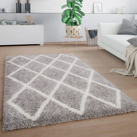 Shaggy szőnyeg nappaliba geometrikus rombusz mintával szürke-fehér 60x100 cm
