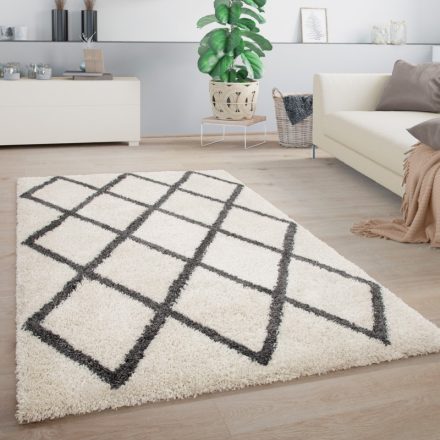 Shaggy szőnyeg nappaliba geometrikus rombusz mintával fehér-szürke 240x340 cm