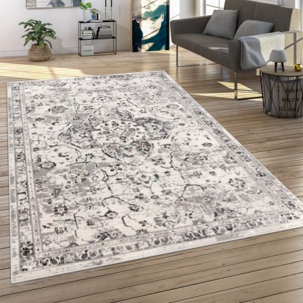 Szürke rövid szálú szőnyeg nappaliba keleti mintás bordűrös marokkói 200x280 cm