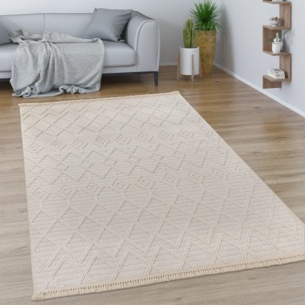 Skandináv szőnyeg nappaliba rojtos geometria mintás - krém 160 cm kör alakú