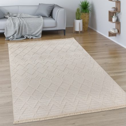 Skandináv szőnyeg nappaliba rojtos geometria mintás - krém szőnyeg 160 cm kör alakú