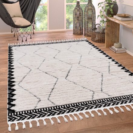 Azték geometria mintás design szőnyeg nappaliba rojtos fehér-fekete 240x340 cm