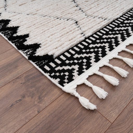 Aztek geometria mintas nappali szonyeg rojtos feher-fekete 240x340 cm