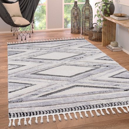 Skandináv 3D design szőnyeg nappaliba rojtos rombusz mintás - szürke 80x150 cm