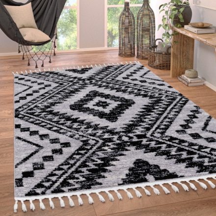 Ethno rombusz mintás szőnyeg nappaliba rojtos szőnyeg fekete-fehér 160x230 cm