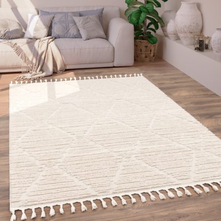 Egyszínű 3D hatású rojtos szőnyeg nappaliba rombusz mintával krém 200x290 cm