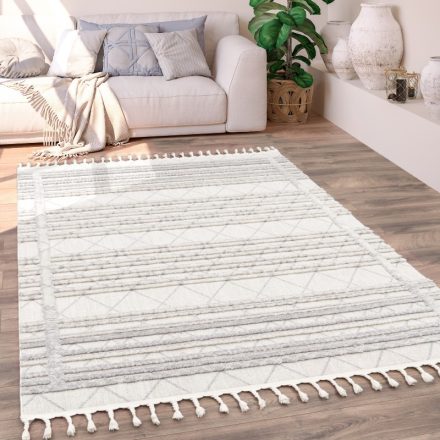 Krém 3D hatású rojtos szőnyeg nappaliba azték mintával 80x150 cm