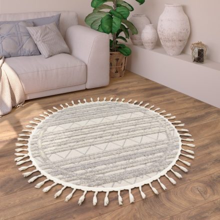 Krém 3D hatású rojtos szőnyeg nappaliba azték mintával 160 cm kör