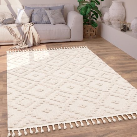 Krém 3D hatású rojtos szőnyeg nappaliba skandináv 80x150 cm