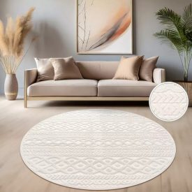   Kerek modern szőnyeg - skandináv stílusú, 3D, fonott mintával, krém, 160 cm kör